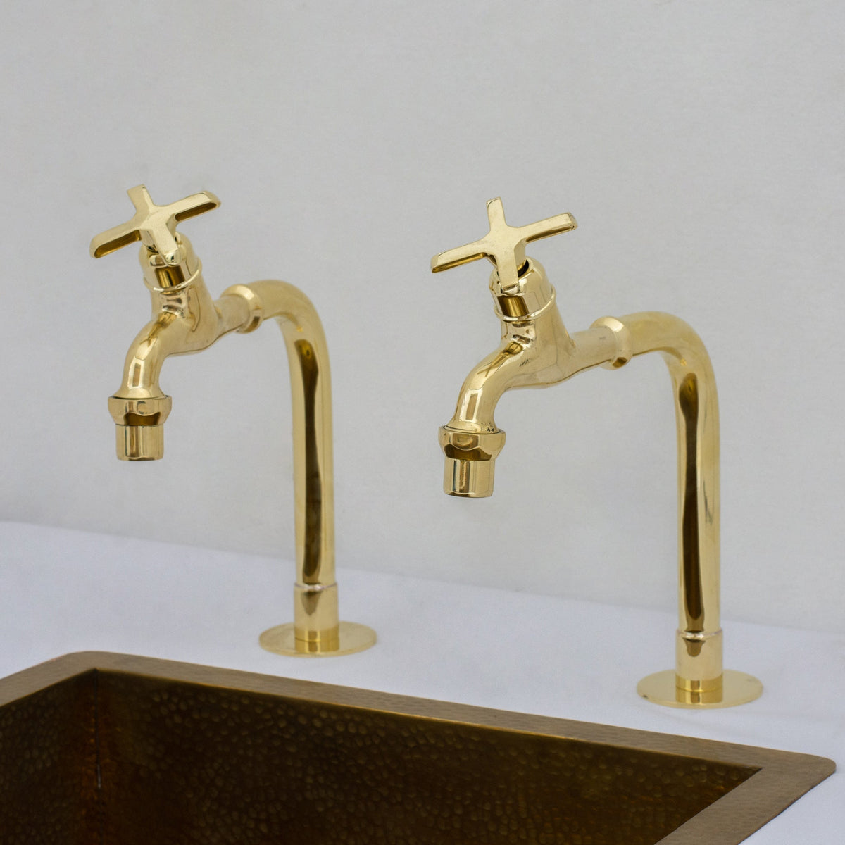 Solid Brass Deck-Mount Kitchen Bib Taps – Double Pillar Faucet Set for Hot & Cold Water