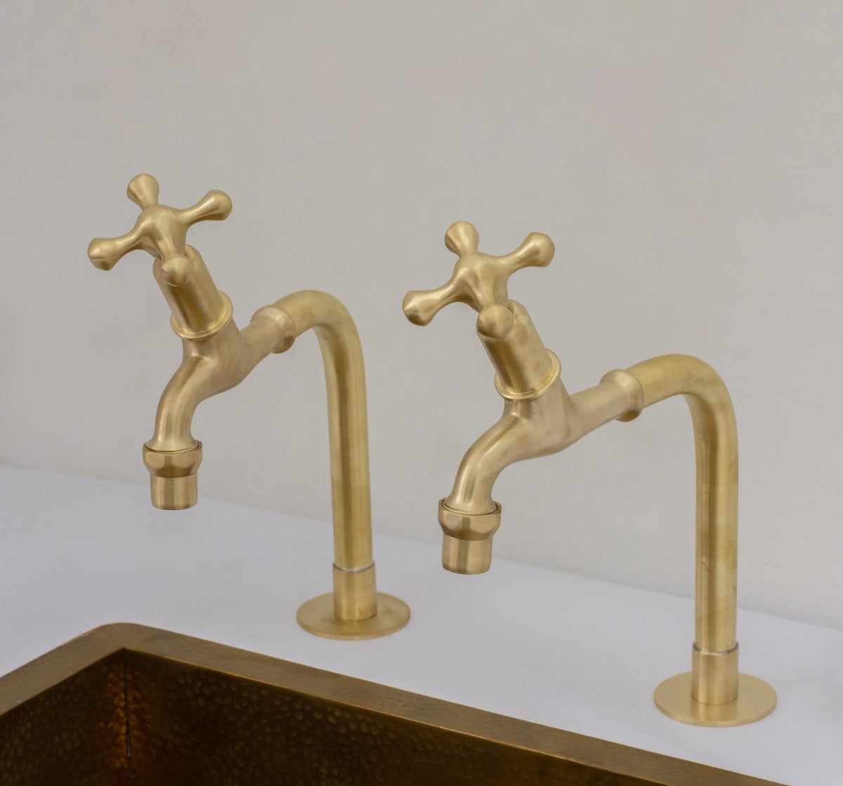 Solid Brass Deck-Mount Kitchen Bib Taps – Double Pillar Faucet Set for Hot & Cold Water