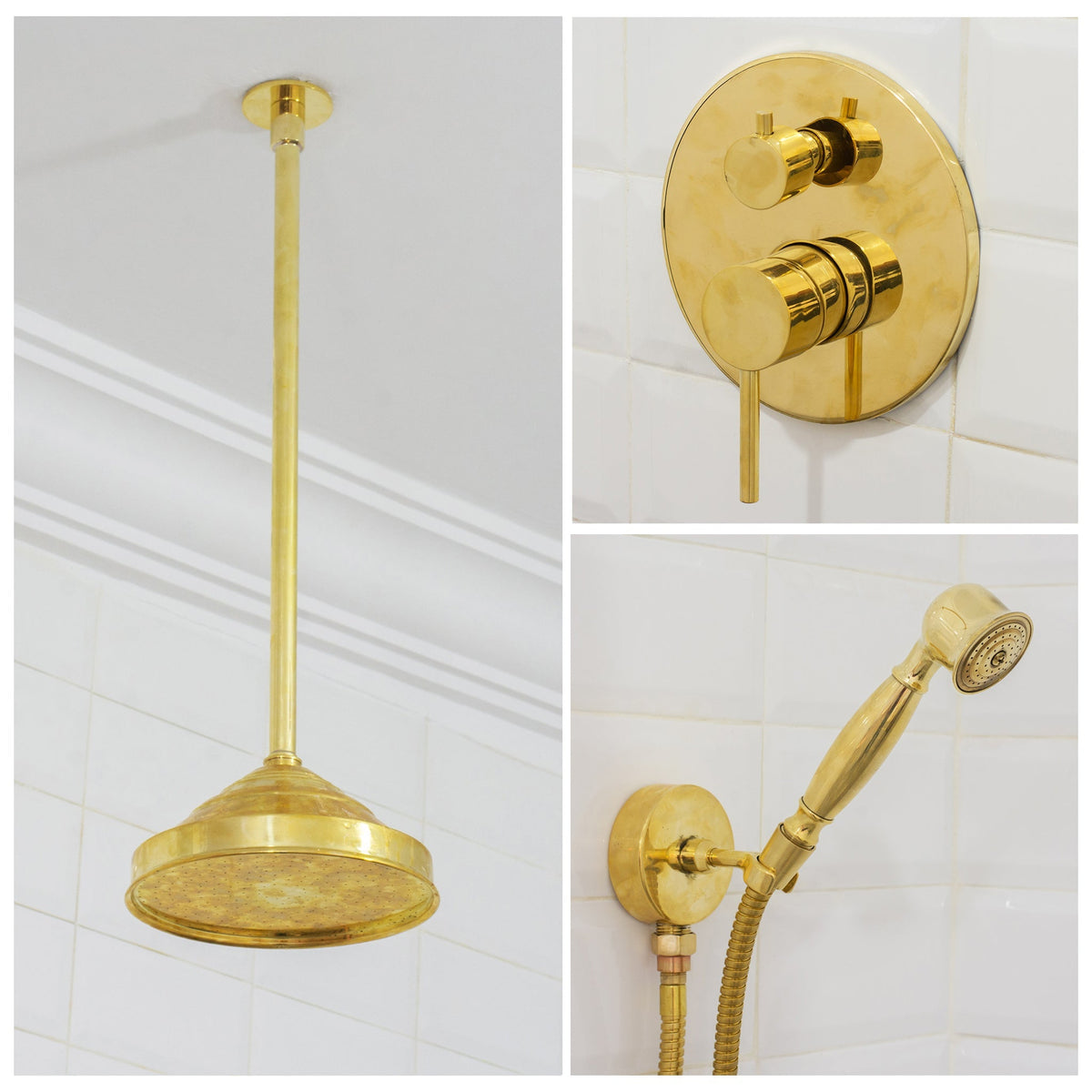 Unlacquered Brass 2-Outlet Shower, Ceiling Shower System, Overhead Shower With Handheld, Ceiling Mount Showerhead And Hand Shower