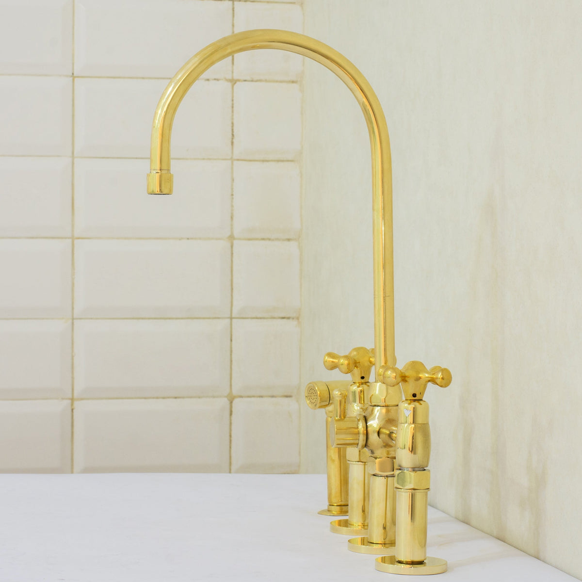 Unlacquered Brass 3-Hole Bridge Faucet With Sprayer, 3 Legs Faucet, Deck Mount Kitchen Faucet