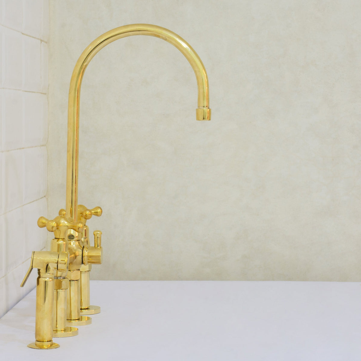 Unlacquered Brass 3-Hole Bridge Faucet With Sprayer, 3 Legs Faucet, Deck Mount Kitchen Faucet