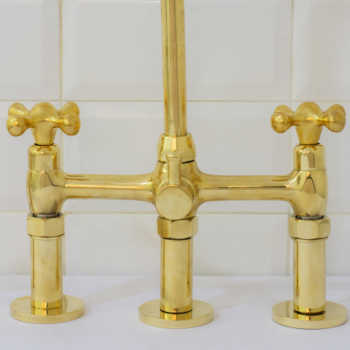 Unlacquered Brass 3-Hole Bridge Faucet With Sprayer, 3 Legs Faucet, Deck Mount Kitchen Faucet