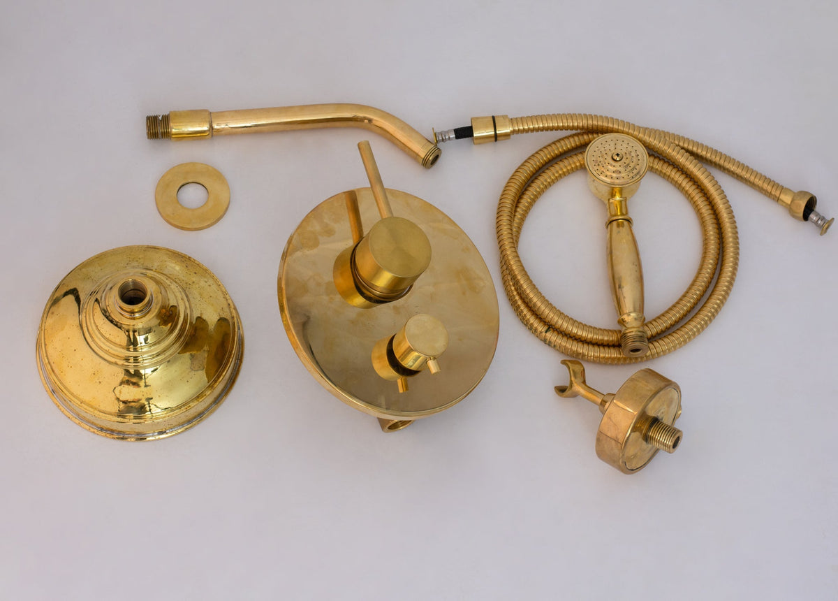Unlacquered Brass Built-In Shower System | Angled Showerhead & Handheld | Concealed 2-Outlet Set