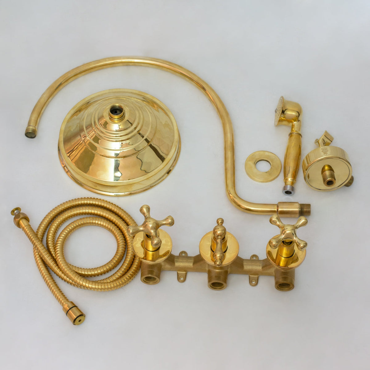 Unlacquered Brass Concealed Shower – Gooseneck Rainfall Arm with Handheld, 2-Outlet Shower System