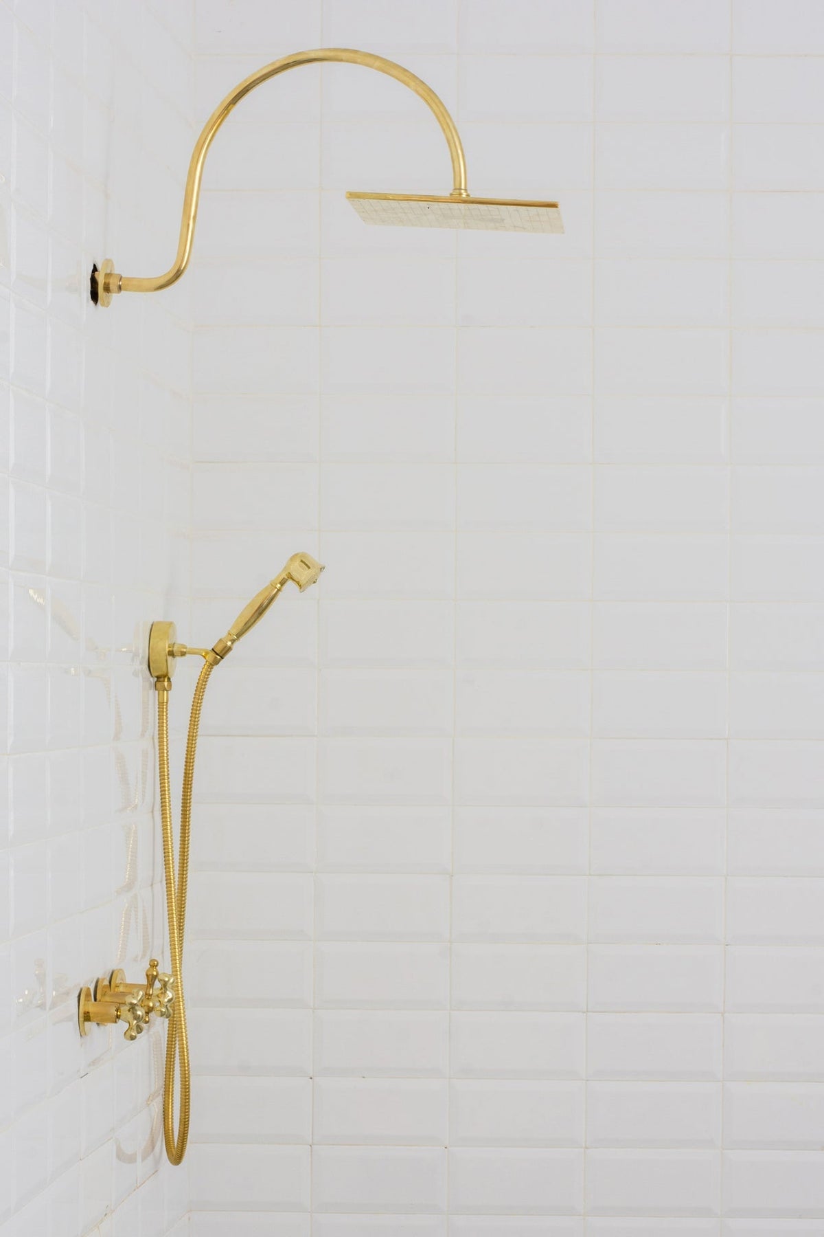 Unlacquered Brass Concealed Shower – Gooseneck Rainfall Arm with Handheld, 2-Outlet Shower System