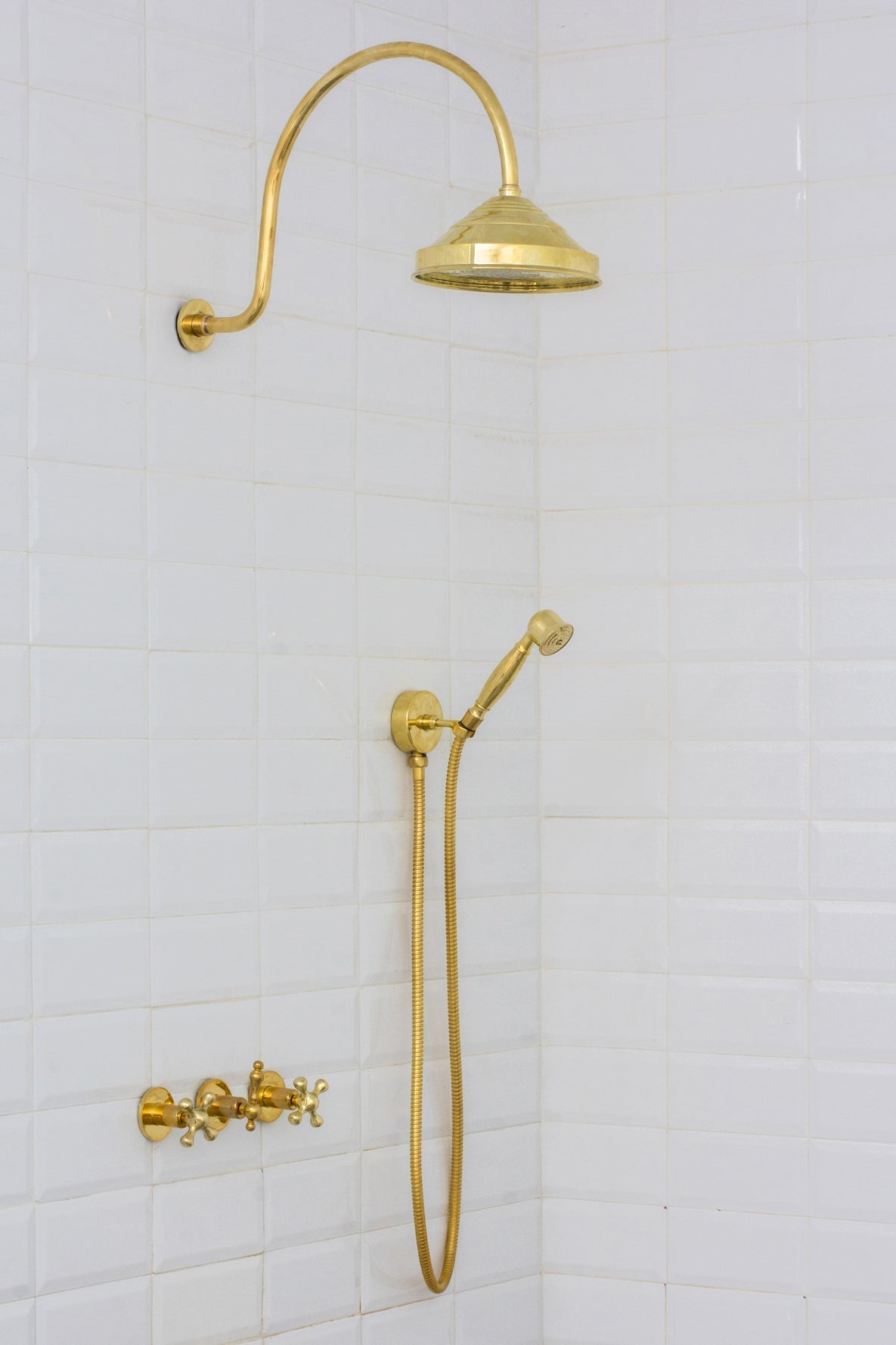Unlacquered Brass Concealed Shower – Gooseneck Rainfall Arm with Handheld, 2-Outlet Shower System
