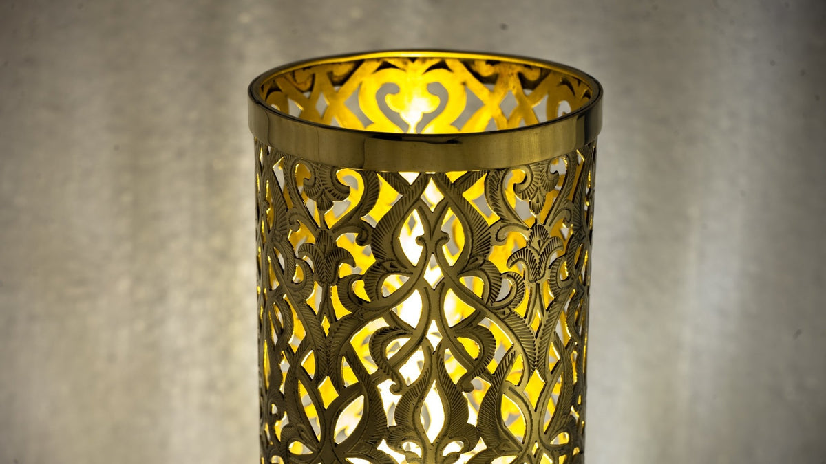 Unlacquered Brass Table Light, Pierced Bedside Lamp, Brass Cylinder Base Lamp