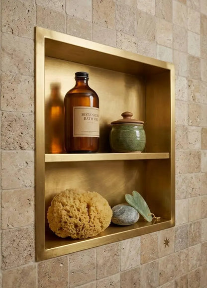 Unlacquered Solid Brass Shower Niche — Handmade Bathroom Shelf Double Shelves Niche