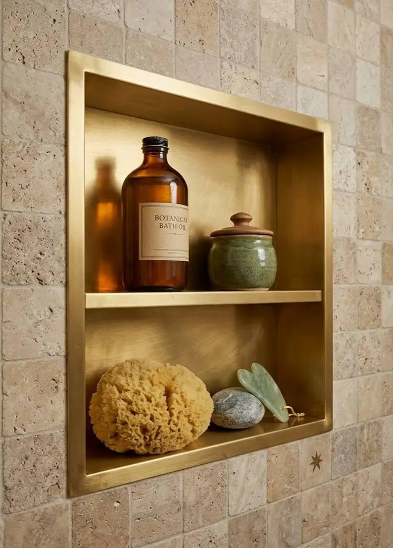 Unlacquered Solid Brass Shower Niche — Handmade Bathroom Shelf Double Shelves Niche