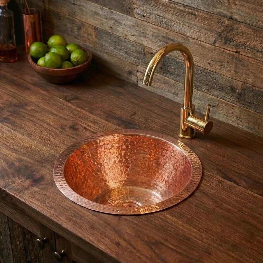 Copper Round Bar Sink, Hammered Copper Round Drum Bar Sink Including Drain