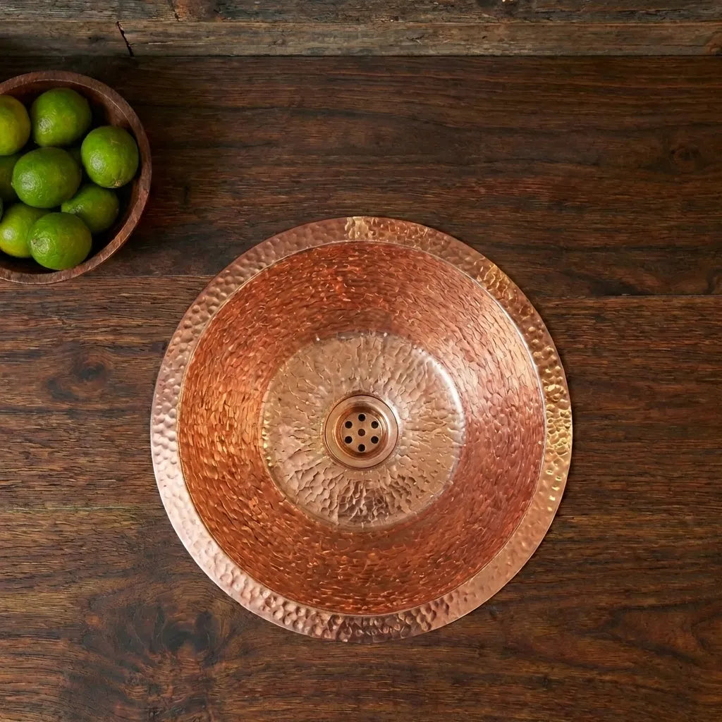 Copper Round Bar Sink, Hammered Copper Round Drum Bar Sink Including Drain