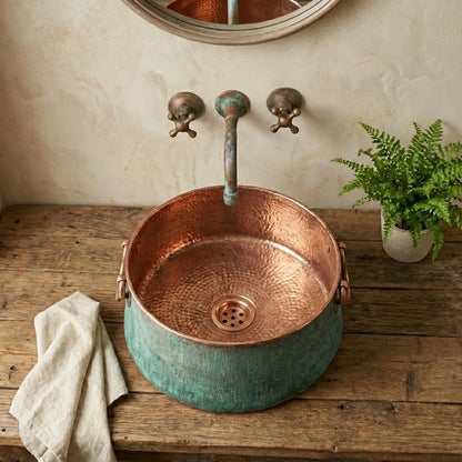 Bucket Vessel Sink Green patina Copper Bathroom Sink with Handles