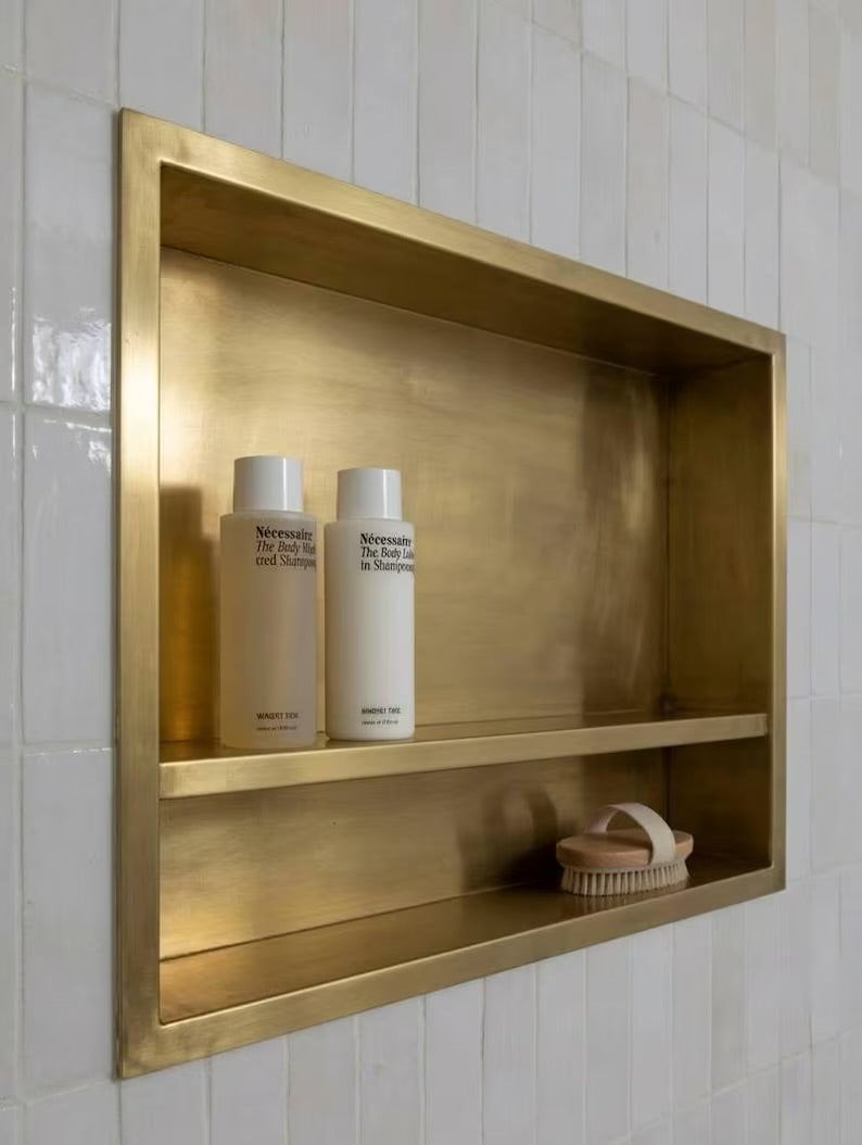 Unlacquered Solid Brass Shower Niche — Handmade Bathroom Shelf Double Shelves Niche