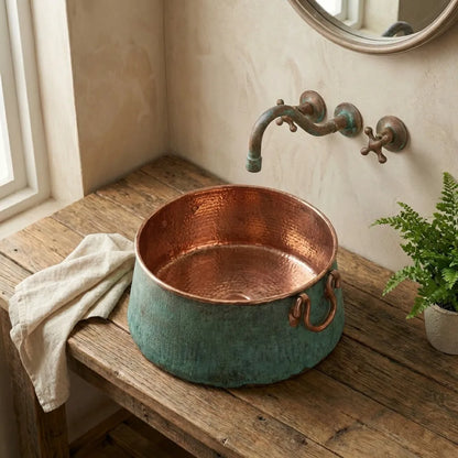 Bucket Vessel Sink Green patina Copper Bathroom Sink with Handles