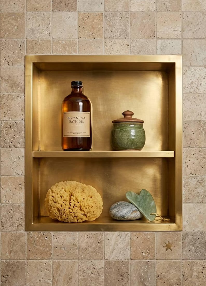 Unlacquered Solid Brass Shower Niche — Handmade Bathroom Shelf Double Shelves Niche