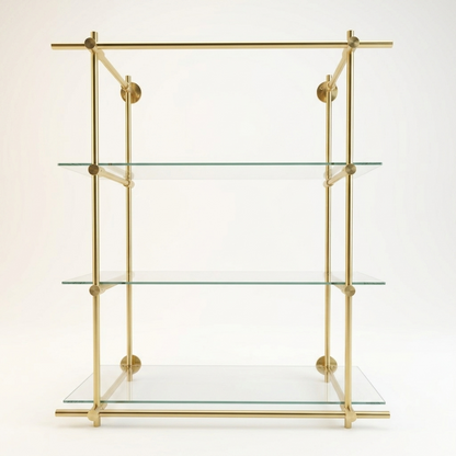 Wall Mounted Brass Shelving With Glass, 35 inches x 50 inches x 10 inches, 3 Shelves 1 Bay
