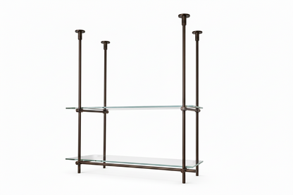 Dark Bronze Ceiling Only Mounted Brass Shelving With Glass, 40 inches x 50 inches x 10 inches