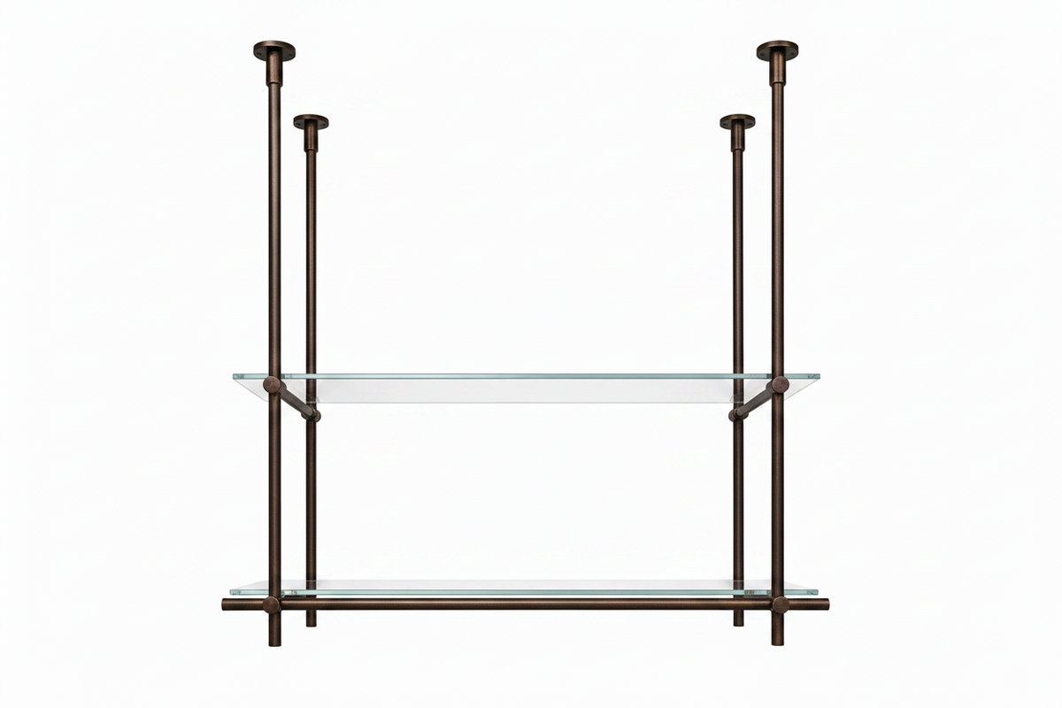 Ceiling Only Mounted Brass Shelving With Glass, 40 inches x 50 inches x 10 inches