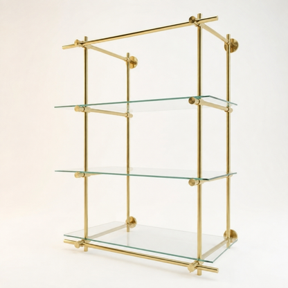 Wall Mounted Brass Shelving With Glass, 35 inches x 50 inches x 10 inches, 3 Shelves 1 Bay