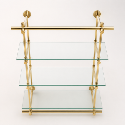 Wall Mounted Brass Shelving With Glass, 35 inches x 50 inches x 10 inches, 3 Shelves 1 Bay