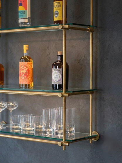 Unlacquered Brass Shelving, Wall Mounted Brass Shelving With Glass, 40 inches x 50 inches x 10 inches, 3 Shelves 2 Bays