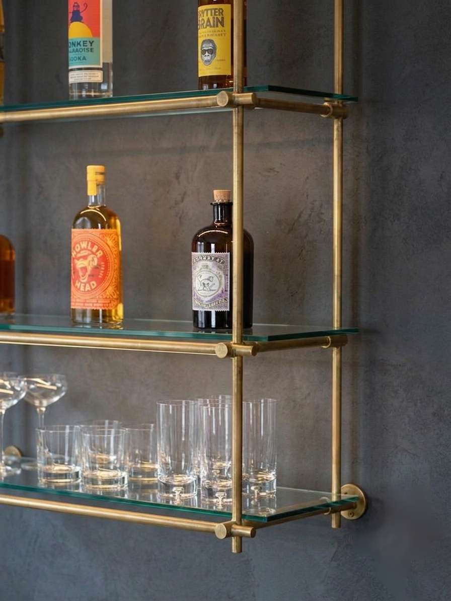 Unlacquered Brass Shelving, Wall Mounted Brass Shelving With Glass, 40 inches x 50 inches x 10 inches, 3 Shelves 2 Bays