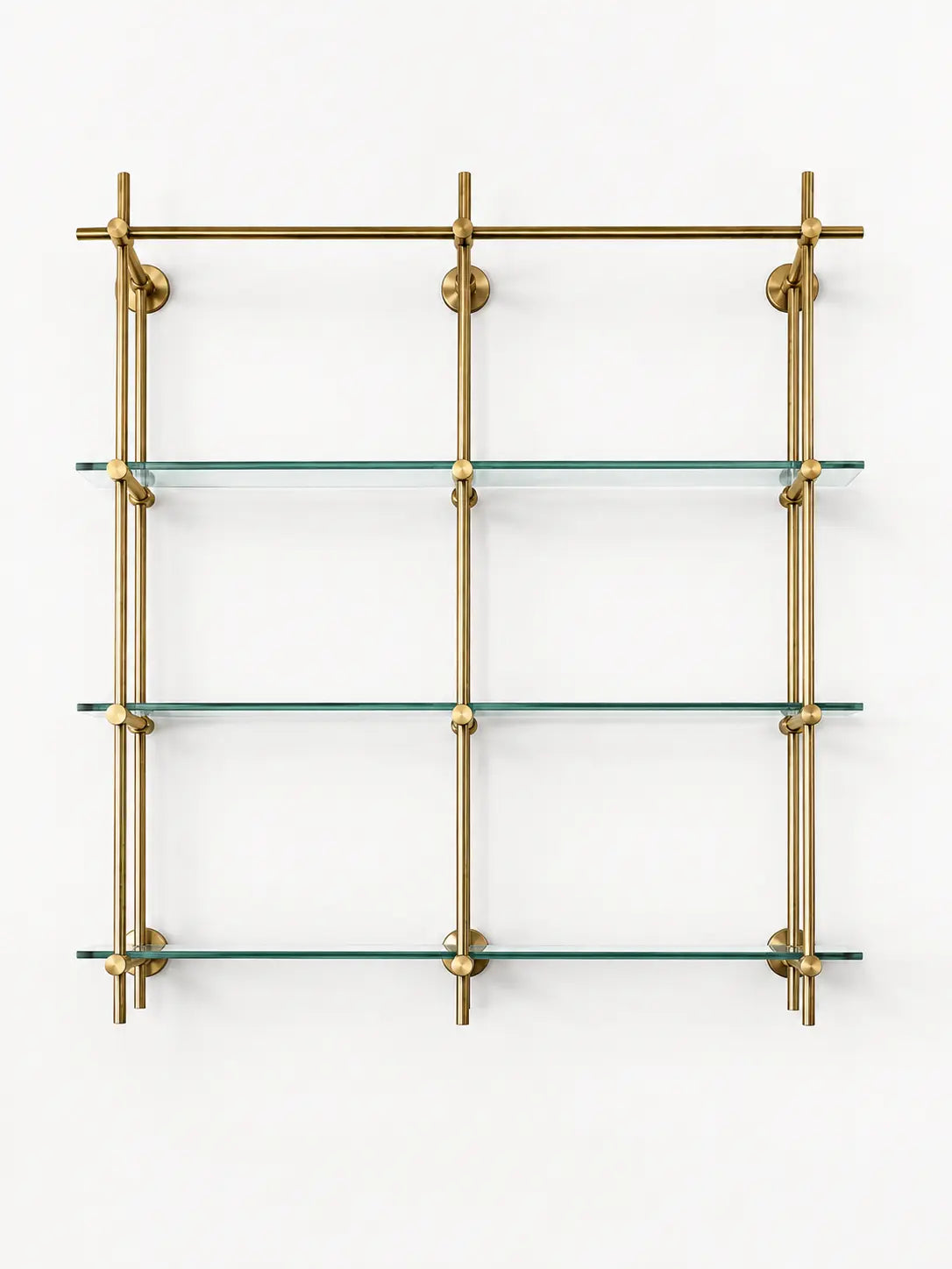 Unlacquered Brass Shelving, Wall Mounted Brass Shelving With Glass, 40 inches x 50 inches x 10 inches, 3 Shelves 2 Bays