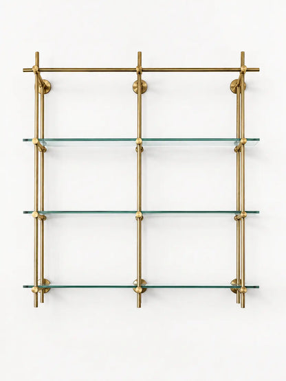 Unlacquered Brass Shelving, Wall Mounted Brass Shelving With Glass, 40 inches x 50 inches x 10 inches, 3 Shelves 2 Bays