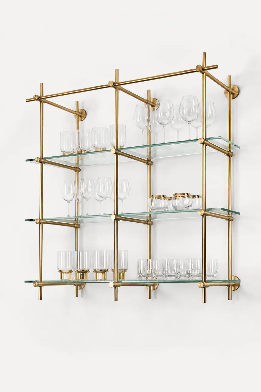 Unlacquered Brass Shelving, Wall Mounted Brass Shelving With Glass, 40 inches x 50 inches x 10 inches, 3 Shelves 2 Bays