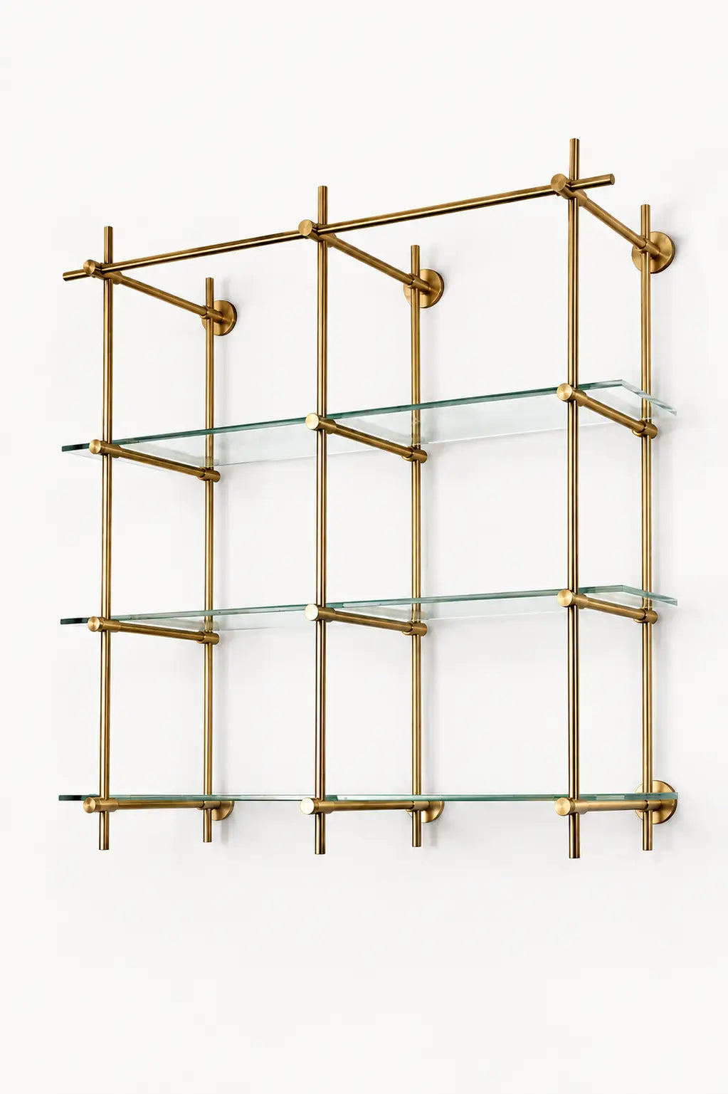 Unlacquered Brass Shelving, Wall Mounted Brass Shelving With Glass, 40 inches x 50 inches x 10 inches, 3 Shelves 2 Bays