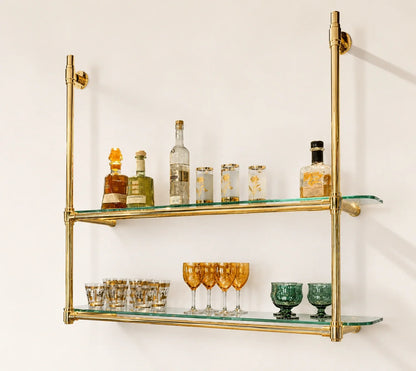 Wall Mounted Solid Brass Bistro Shelving with Glass | 60" W × 40" H × 12" D