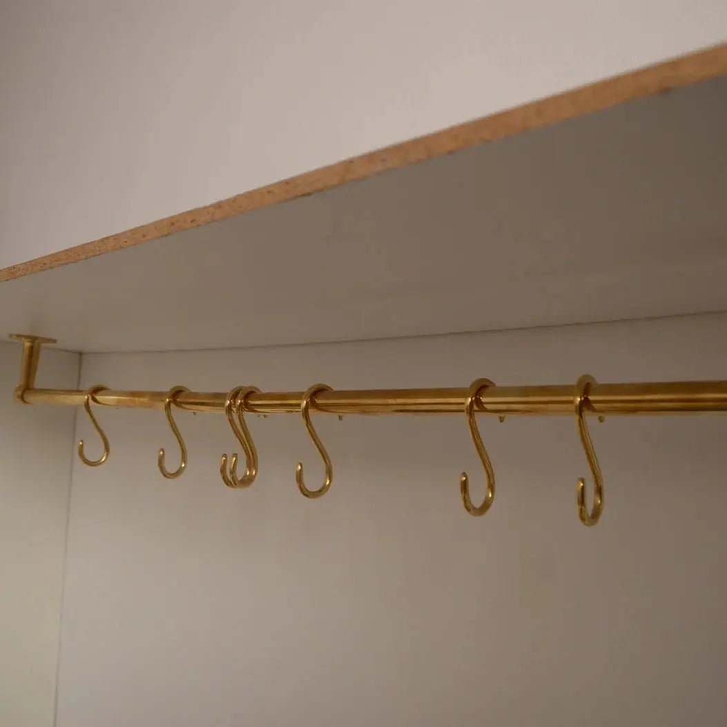 Ceiling Mounted Brass Rod with S-Hooks – Rustic Heavy Duty Hanging Bar