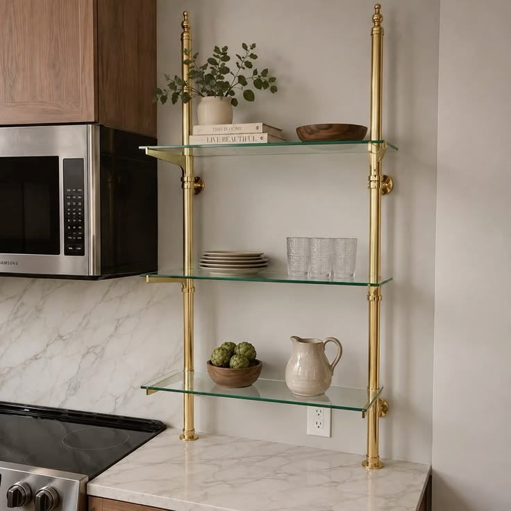 Solid Brass Bistro Shelving with Glass Shelves 40" W × 50" H × 10" D  with 3 Shelves