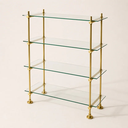 Freestanding Brass Shelving With Glass – 40" W × 50" H × 15" D, 4 Shelves