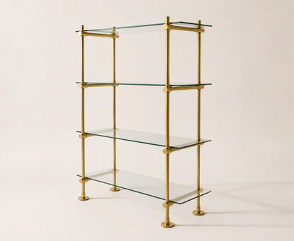 Freestanding Brass Shelving With Glass – 40" W × 50" H × 15" D, 4 Shelves