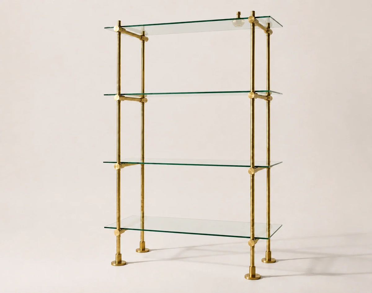 Freestanding Brass Shelving With Glass – 40" W × 50" H × 15" D, 4 Shelves