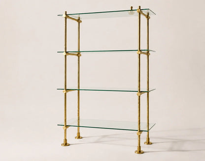 Freestanding Brass Shelving With Glass – 40" W × 50" H × 15" D, 4 Shelves