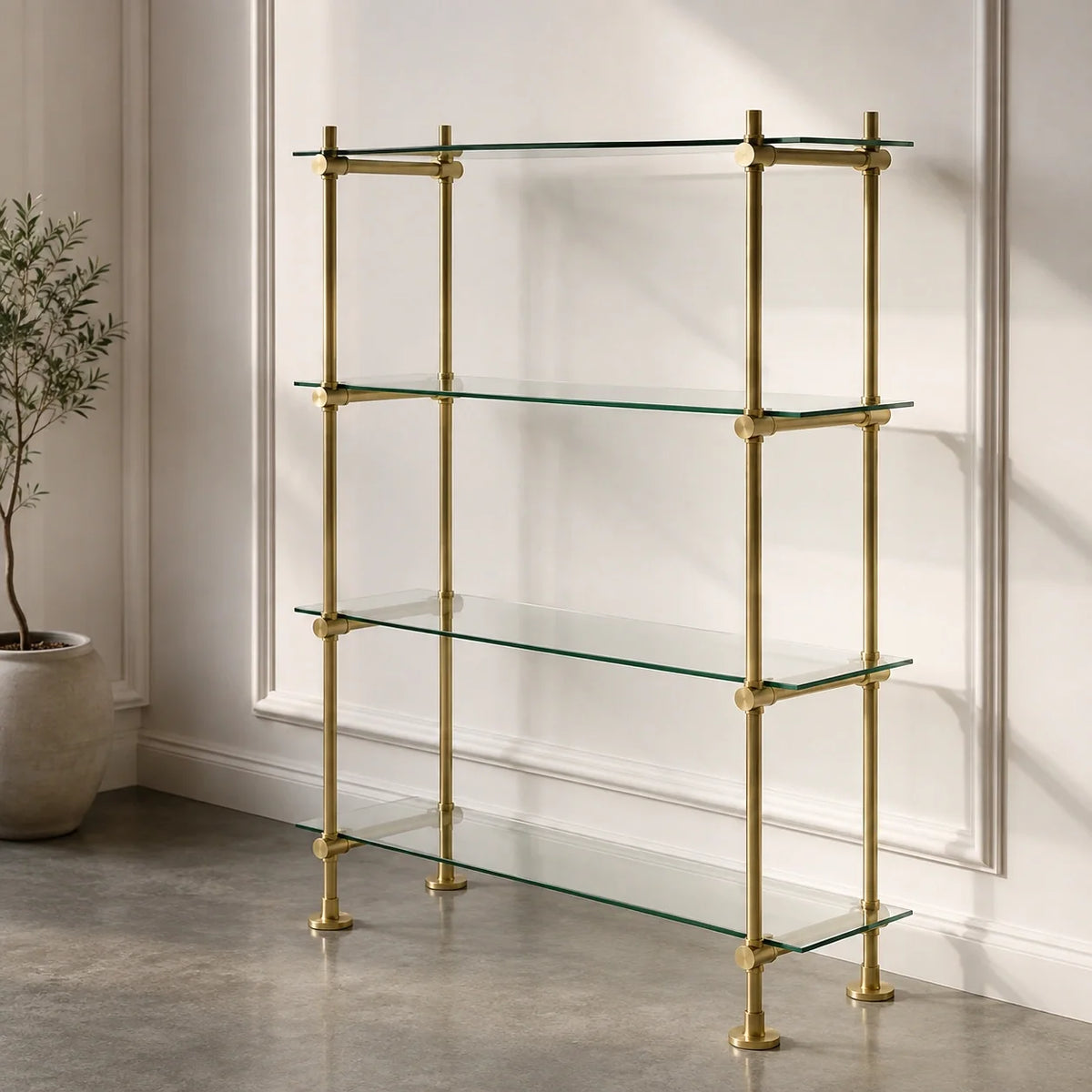 Freestanding Brass Shelving With Glass – 40" W × 50" H × 15" D, 4 Shelves