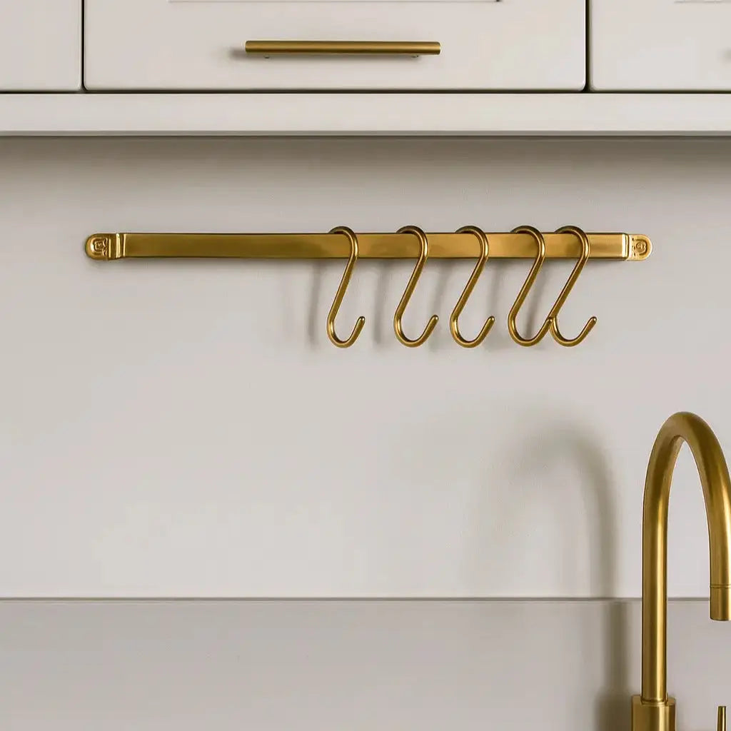 Flat Unlacquered Brass Pot Rack with S-Hooks
