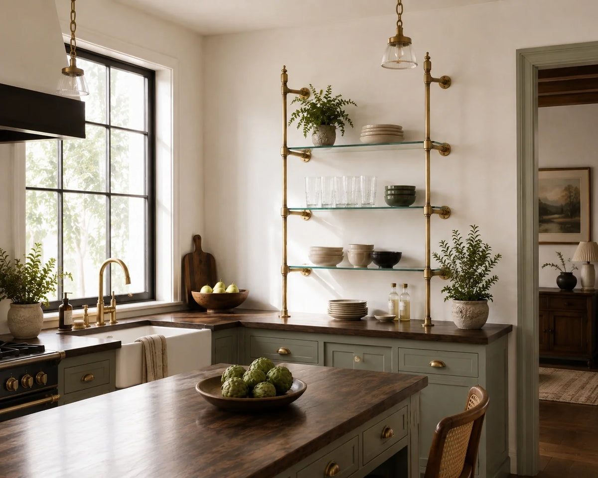 Vintage Brass Shelving Unit — Single Bay Countertop with Glass (45" W x 55" H x 12" D)