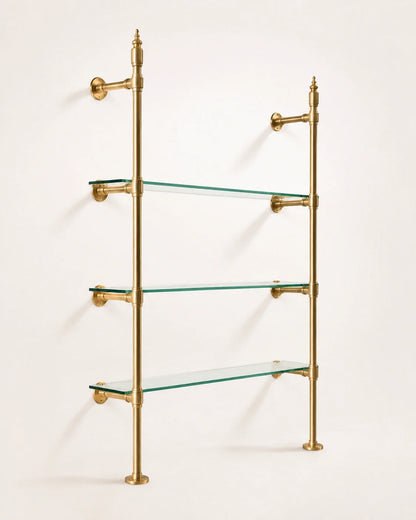 Vintage Brass Shelving Unit — Single Bay Countertop with Glass (45" W x 55" H x 12" D)