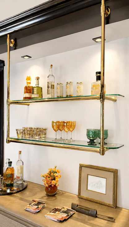 Wall Mounted Solid Brass Bistro Shelving with Glass | 60" W × 40" H × 12" D