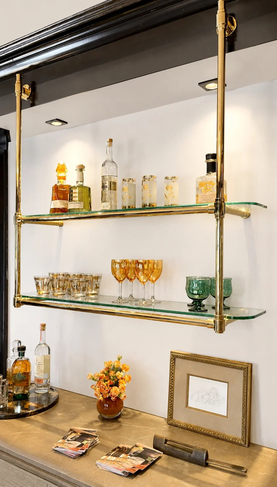 Solid Brass Bistro Shelving with Glass, 2-Shelf Display Unit – 40″ Wide