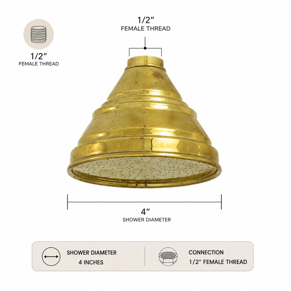 Vintage Solid Brass 4-Inch Rain Shower Head, Farmhouse Bell Design
