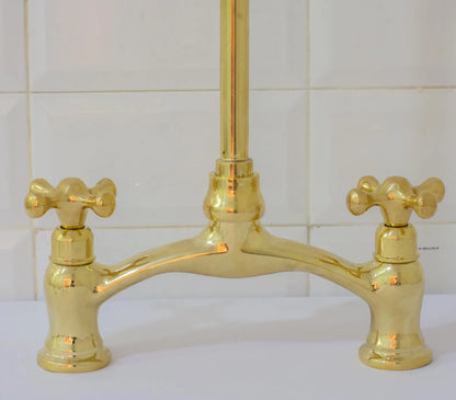 Unlacquered Brass Arched Bridge Faucet, 2-Hole Kitchen Faucet, Gooseneck Sink Faucet