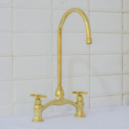 Unlacquered Brass Arched Bridge Faucet, 2-Hole Kitchen Faucet, Gooseneck Sink Faucet