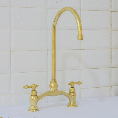 Unlacquered Brass Arched Bridge Faucet, 2-Hole Kitchen Faucet, Gooseneck Sink Faucet