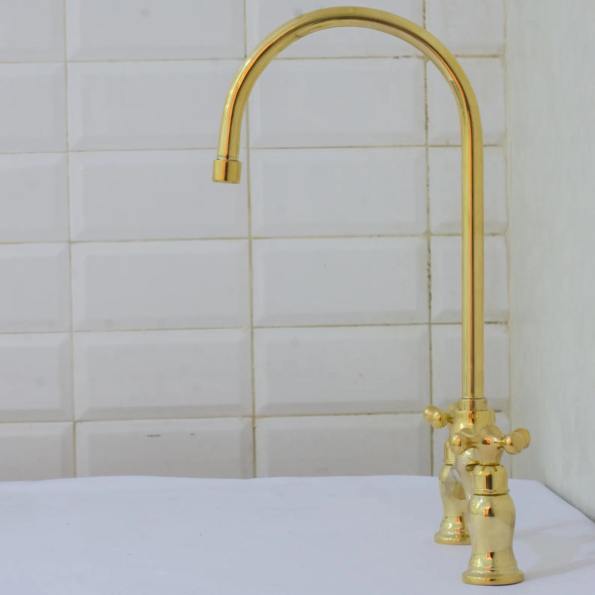 Unlacquered Brass Arched Bridge Faucet, 2-Hole Kitchen Faucet, Gooseneck Sink Faucet