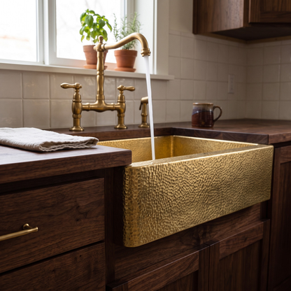 Hammered Solid Brass Farmhouse Apron Kitchen Sink, Unlacquered Handmade Luxury