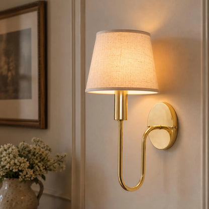 Solid Brass Wall Sconce with Linen Shade, Vintage Modern Bedside Reading Light